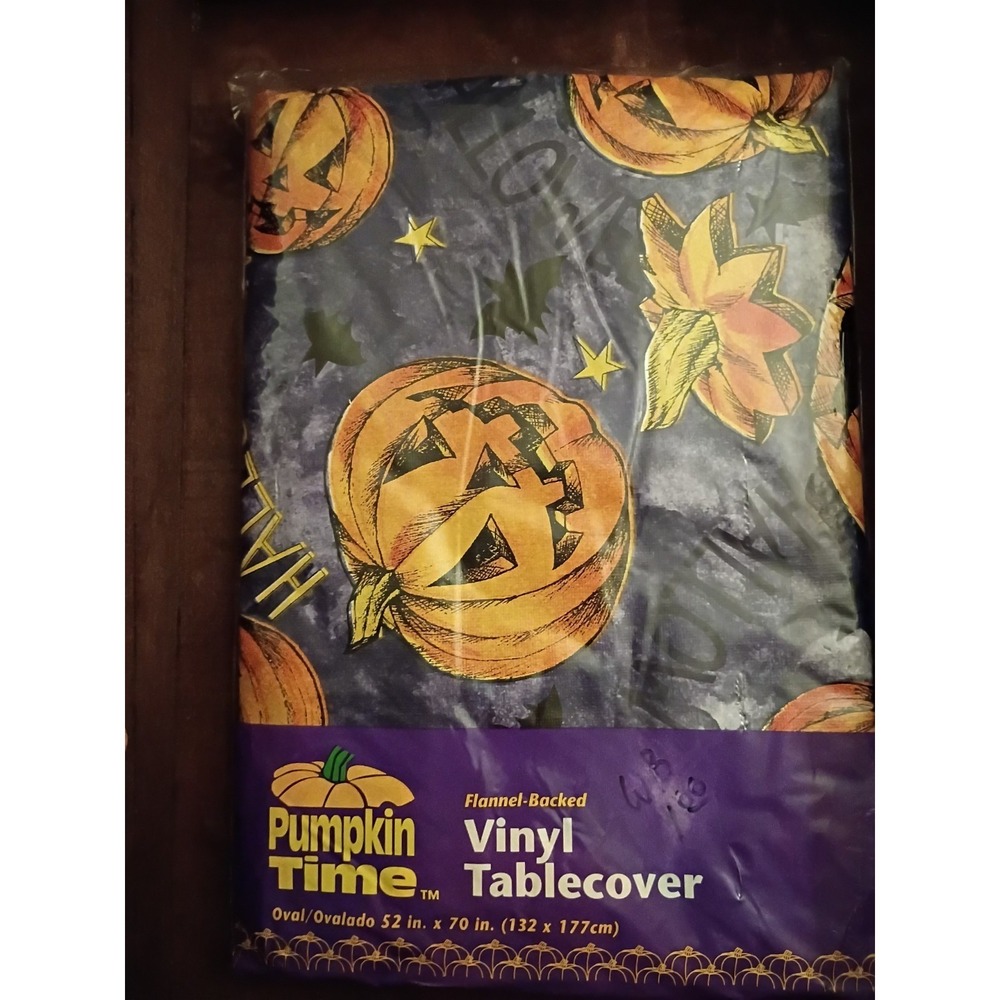 Pumpkin Time Halloween Vinyl Tablecover Oval 52x70 Jack-O-Lantern Flannel Backed